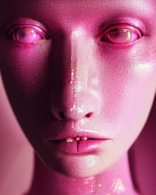 Prompt: hyperrealist highly intricate post-gothic portrait pink pearlescent exoskeleton beautiful goddess concept art pascal blanche key sage dramatic yellow lighting 8k high angle shallow depth of field