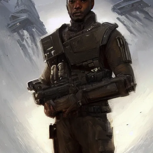 Image similar to portrait of a man by Greg Rutkowski, he is about 30 years old, british factions, he has short black military-style hair, a straight jaw, he has a scar above one eyebrow, he wears Galactic Alliance military fatigues, Star Wars Expanded Universe, highly detailed portrait, digital painting, artstation, concept art, smooth, sharp foccus ilustration, Artstation HQ