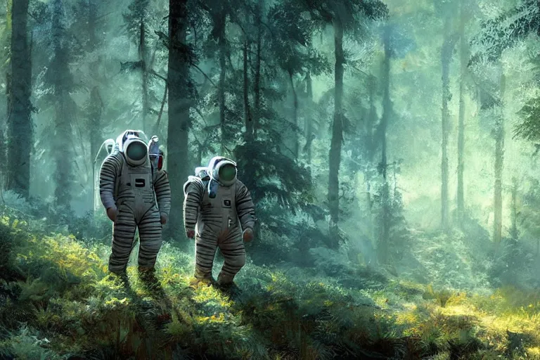 Image similar to american astronaut in the forest, plants environment, wide angle, cinematic lighting, atmospheric, realistic, octane render, highly detailed, in the style of craig mullins