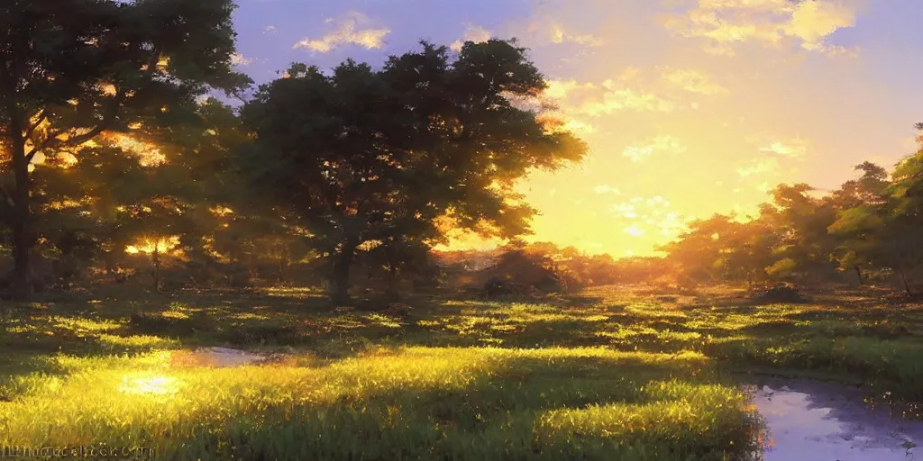 Prompt: an extraordinarily beautiful oil painting of a landscape in spring during sunset ; the most beautiful painting in the world ; by makoto shinkai