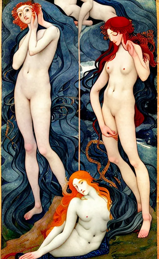 Image similar to 3 Winter Deities, (one representing each month of December, January, and February), in a mixed style of Ivan Bilibin, Æon Flux, Peter Chung, Botticelli, and John Singer Sargent, inspired by pre-raphaelite paintings, shoujo manga, and cool Japanese street fashion, they are downcast or asleep, dramatic moody cold landscape, dark and muted colors, hyper detailed, super fine inking lines, ethereal atmosphere, ghost, 4K extremely photorealistic, Arnold render