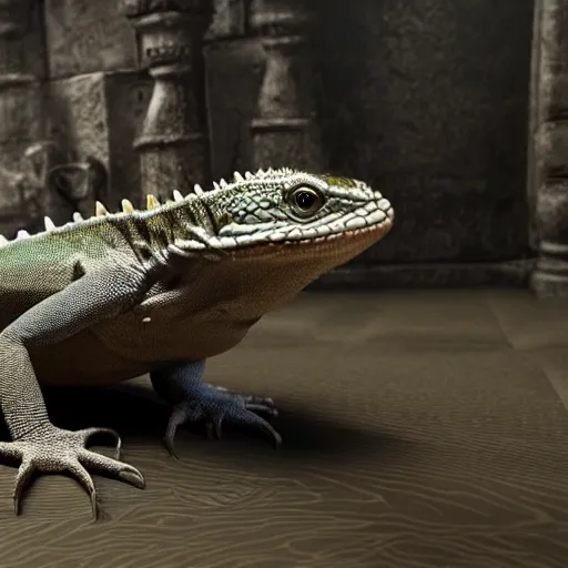 Prompt: a pet lizard wearing armor and vr headset, indoor, photorealistic, monochrome, detailed