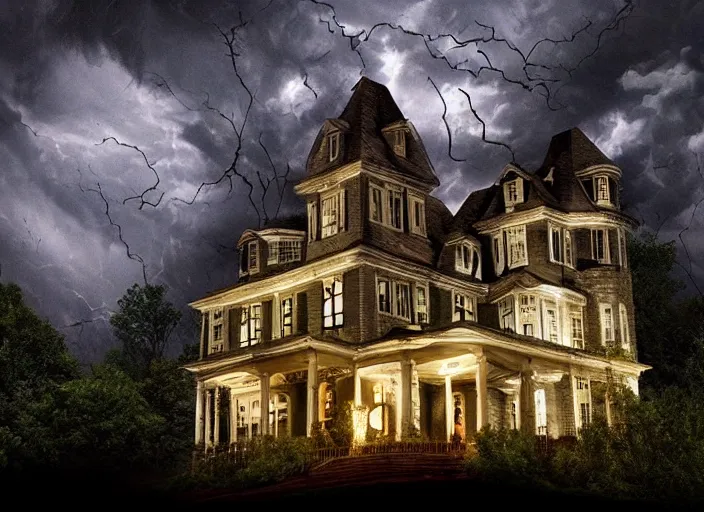 Image similar to a haunted mansion atop a hill during a thunder storm, scary, night, lighting, cinimatic, movie, horror, photorealism