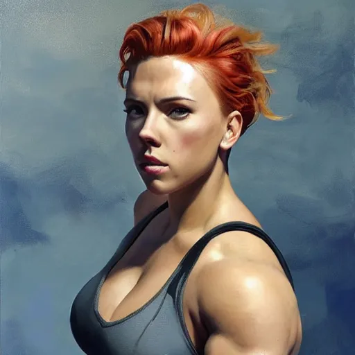 Image similar to greg manchess portrait of scarlett johansson as roided thick very muscular weightlifter zarya from overwatch with short blond hair and ponytail, fantasy, medium shot, asymmetrical, profile picture, organic painting, sunny day, matte painting, bold shapes, hard edges, street art, trending on artstation, by huang guangjian and gil elvgren and sachin teng