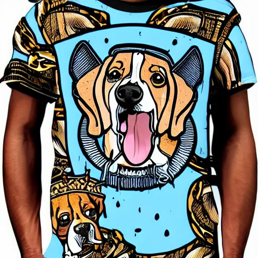 Image similar to a t - shirt design of a beagle who is a king wearing a crowd. street wear style.