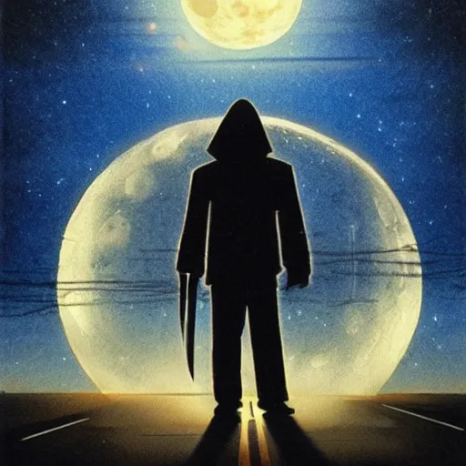 Prompt: movie poster of menacing figure with a cleaver standing in the middle of a road, night, large moon in the sky, by drew struzan, excellent composition, dark
