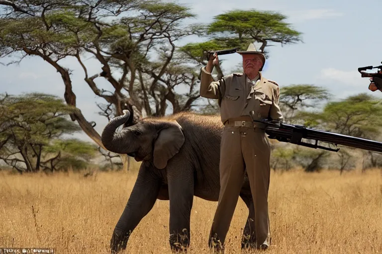 Prompt: Cinematography the king Juan Carlos I of Spain shooting an elephant with a rifle in an african safari by Emmanuek Lubensky