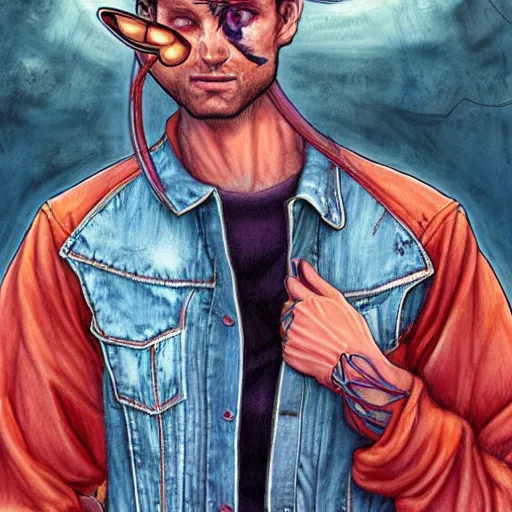 Image similar to ripped physique telekinesis man disguised as a mosquito whilst wearing a denim jacket leonardo da vinci jean sebastien rossbach jeff easley jen bartel staedtler