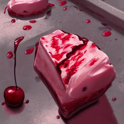 Prompt: beautiful susu cherry crush ice cream melt with a cherry on top, painted by greg rutkowski