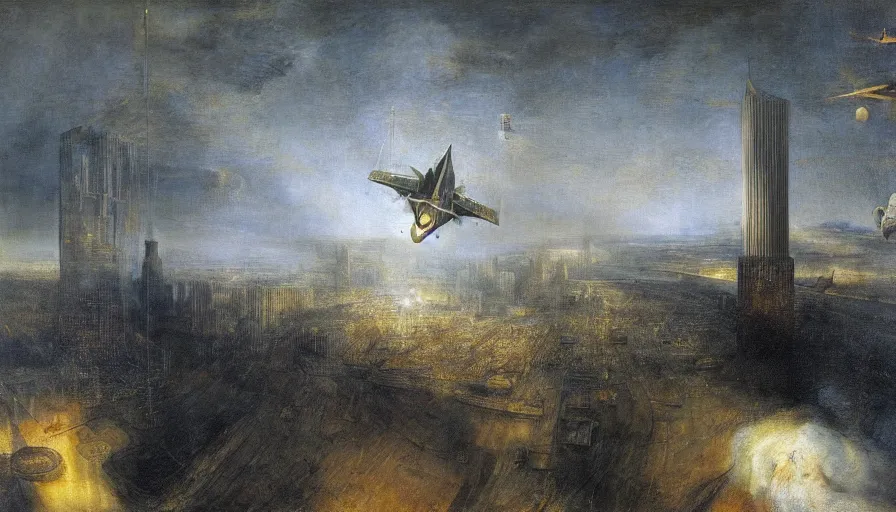 Prompt: spaceship soaring between skyscrapers at great speed, highly detailed painting by rembrandt, dramatic scene