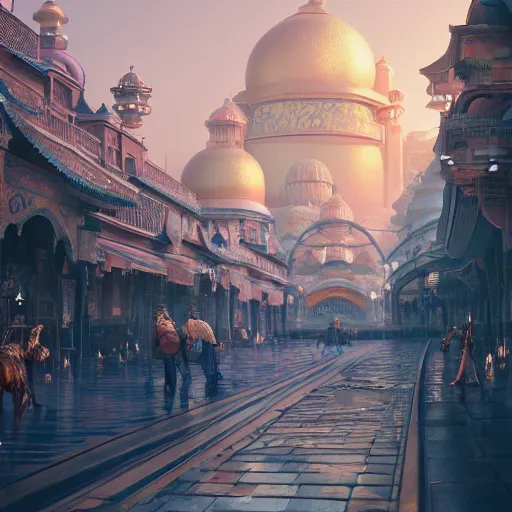 Prompt: orientalist city with glittering copper domes and street paved with lapis and marble intricate artwork by Tooth Wu and wlop and beeple and Dan Mumford. Octane render, trending on artstation, greg rutkowski very coherent symmetrical artwork. Cinematic, hyper realism, high detail 8k