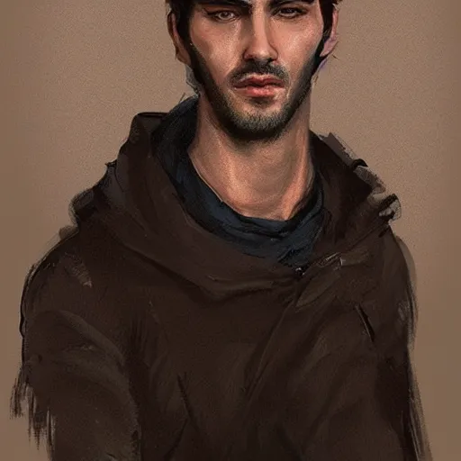 Image similar to portrait of a man by greg rutkowski, he is about 3 0 years old, short black hair with bangs, his features are a mix between french, turkish and russian, very tall and slender, he is wearing a beige and black utility jumpsuit, highly detailed portrait, digital painting, artstation, concept art, smooth, sharp foccus ilustration, artstation hq