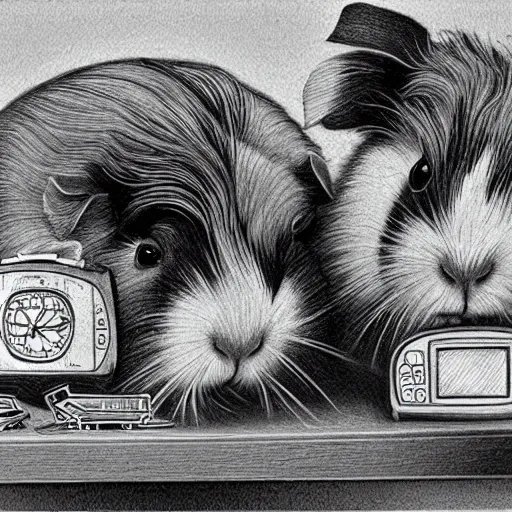 Image similar to guinea pigs working on tiny computers, pencil drawing, detailed, hyper-detailed, in the style of Wanda Gág