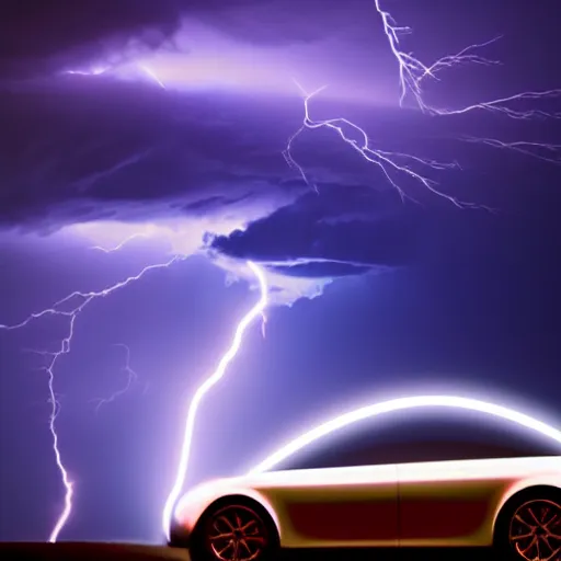 Image similar to futuristic flying car emerging from a circle of lightning in the sky, thunderstorm at night, 28mm dramatic photo