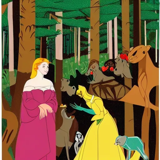 Prompt: A beautiful computer art of Princess Aurora singing in the woods while surrounded by animals. She looks so peaceful and content in the company of the animals, and the colors are simply gorgeous. cutaway by Jacob Lawrence flowing, random