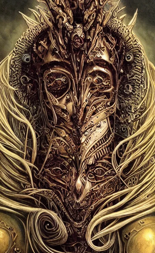 Image similar to Elden Ring themed painting of hybrid majestic aztec warrior princess fantasy biomechanical human beautiful immortal feminine angel symmetrical face angry mask closeup face breathing mask tattoo pattern golden ratio concept, deep forest psytrance Neo-Gothic concept, infinity glyph waves, intricate artwork masterpiece, very coherent artwork, cinematic, full frontal facial features by Artgerm, Takato Yamamoto, Zdizslaw Beksinski, Johnatan Wayshak, Moebius, Ayami Kojima, very anatomically coherent artwork, trending on cgsociety, ultra high quality model, production quality cinema model, high detail chromatic ink outline, octane render, unreal engine 8k, hyper realism, high detail, octane render, unreal engine, 8k, High contrast