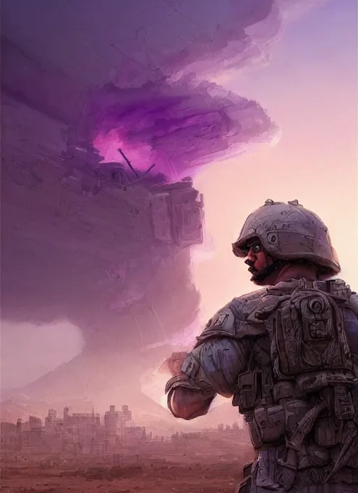 Image similar to purple lighting, detailed character concept illustration, strong muscular mature soldier in a soldier uniform, desert with city in the background, sharp focus, illustration, highly detailed, digital painting, concept art, matte, art by wlop and artgerm and greg rutkowski, masterpiece