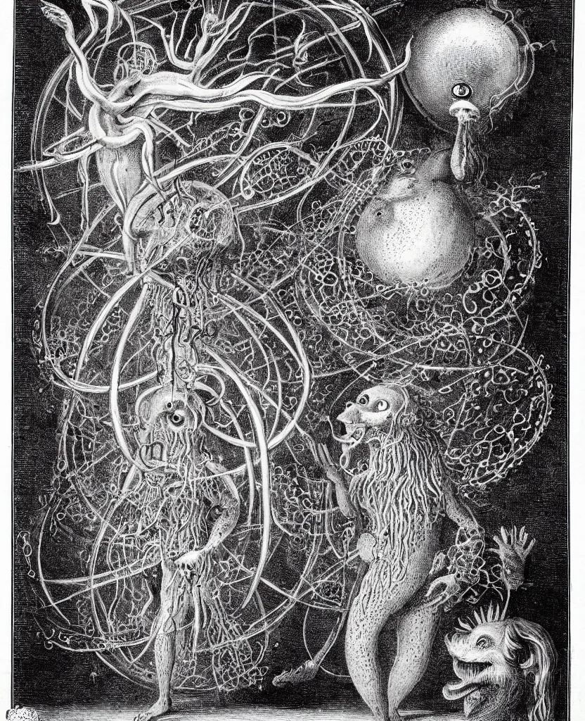 Image similar to whimsical freaky creature sings a unique canto about'as above so below'being ignited by the spirit of haeckel and robert fludd, breakthrough is iminent, glory be to the magic within