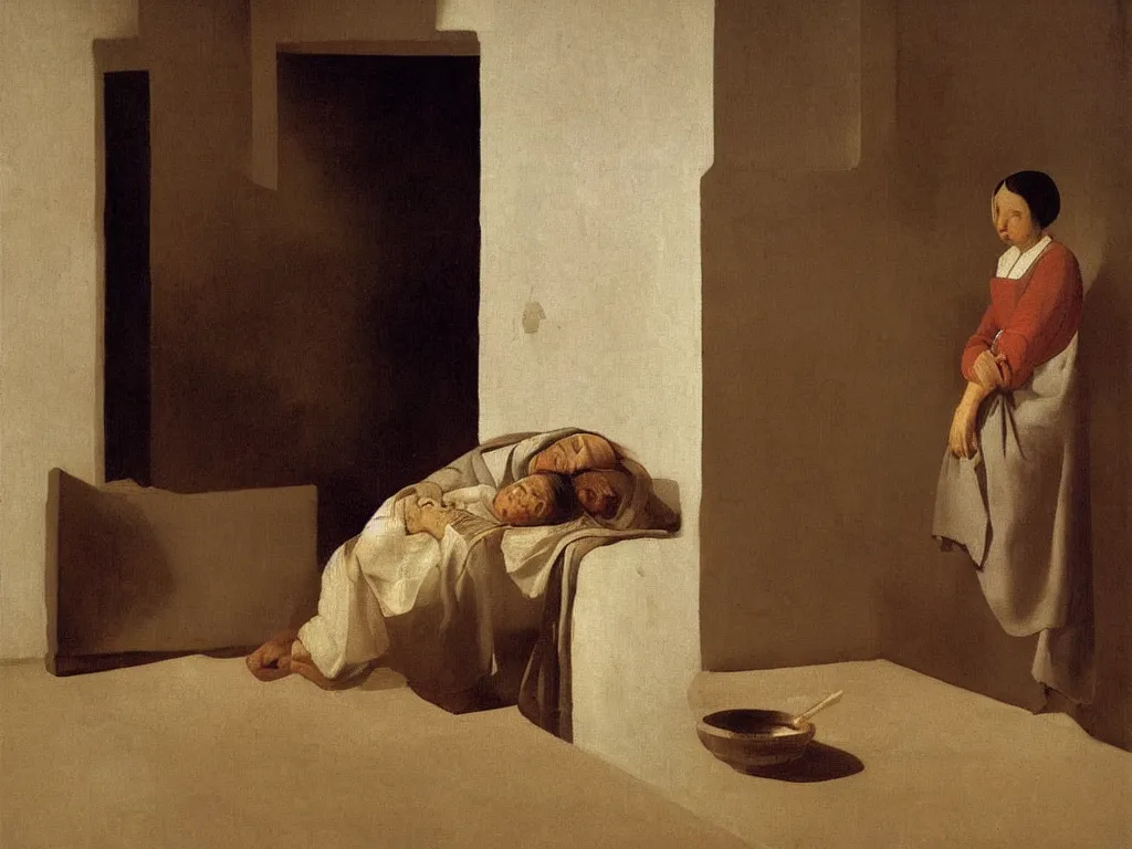Prompt: Woman sleeping in a house ablaze. Basin full of water nearby. Painting by Zurbaran.