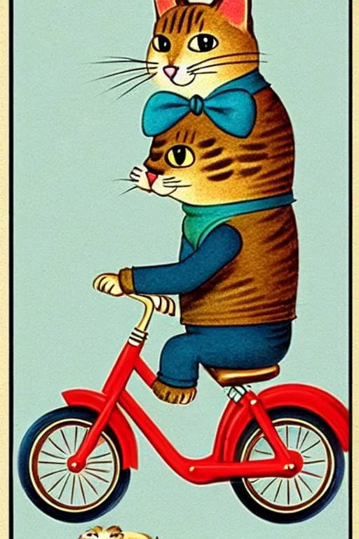 Image similar to by richard scarry,,,,,,,,,,,,,,,,,,,,,,, a cat riding a bike. a 1 9 5 0 s retro illustration. muted colors, detailed