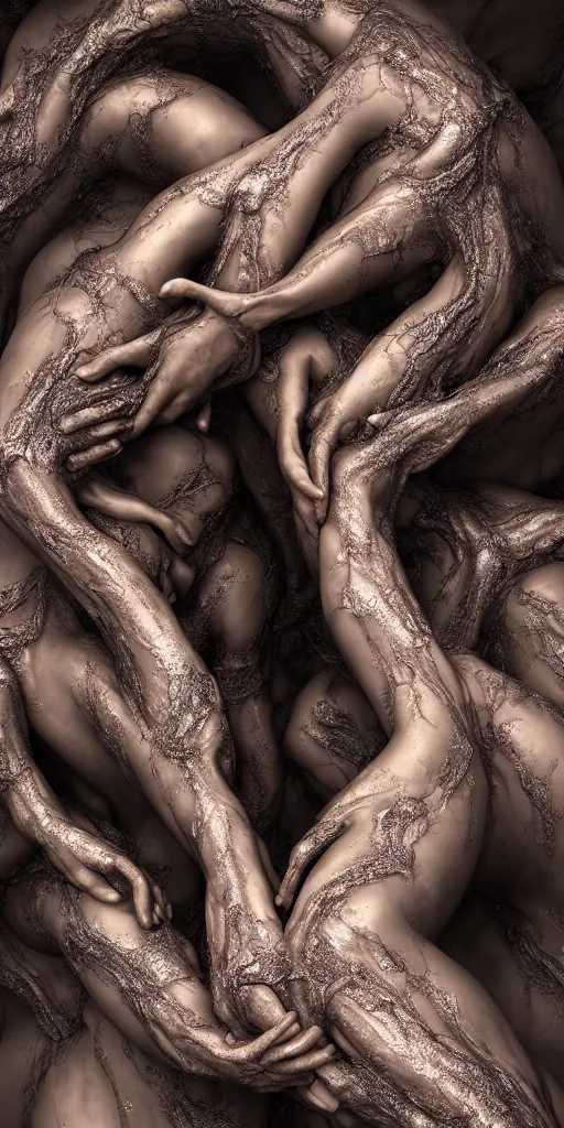 Image similar to beautiful human bodies intertwined, 3 d fractals, mandelbulb, dripping wet, skin, highly detailed, hyperrealism, cinematic