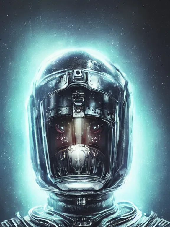 Prompt: portrait art of 8k ultra realistic retro futuristic undead astronaut, helmet visor open, glow around helmet, deep space , detailed intricate ornate armour,blade runner, cybernetic, full of colour, cinematic lighting, trending on artstation, 4k, hyperrealistic, focused, extreme details,unreal engine 5, cinematic, masterpiece, art by ayami kojima, giger