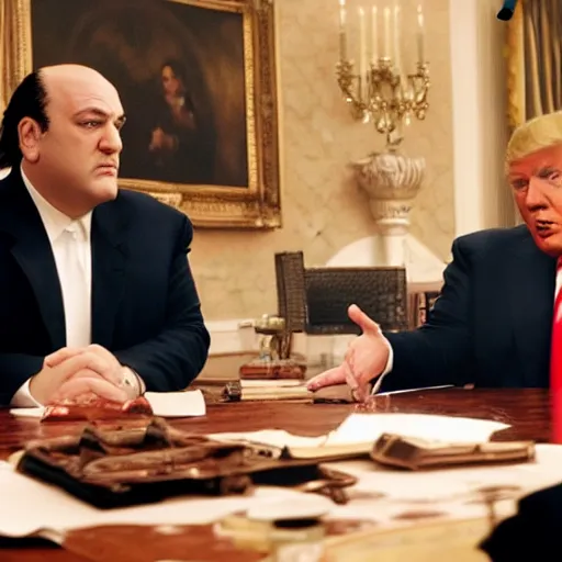 Image similar to tony soprano telling donald trump he is in trouble with the boss. highly detailed movie still