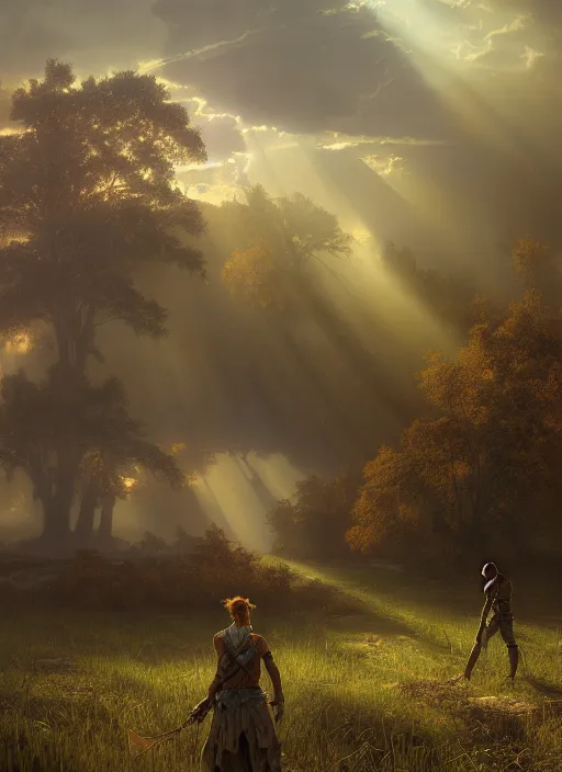 Image similar to rural wisconsin after apocolypse, mist, sunrays, dust in the air, dnd character, unreal engine, octane render, dramatic lighting, pond, digital art, by stanley artgerm lau, greg rutkowski, thomas kindkade, alphonse mucha, loish, norman rockwell,