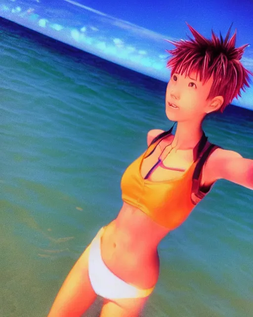 Image similar to dreamy tiktok iPhone photo of beautiful Nagisa Kaworu from evangelion having fun as a surfer in Florida, 35mm, cinematic, trending on Instagram, Asuka as a surfer model, 8k, 4k