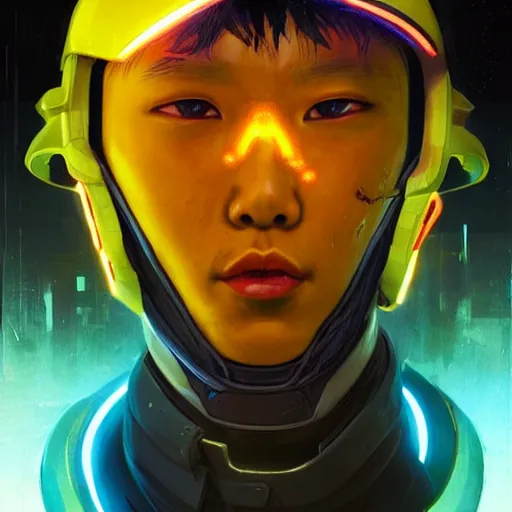 Image similar to yong boy destroyed to pieces with glowing yelow visor as a realistic scifi cyberpunk, torso, art by james jean and greg rutkowski!!, realistic face, like anime, digital art, concept art, trending on artstation, 8 k
