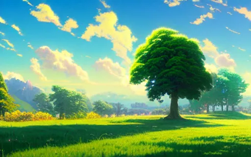 Prompt: A beautiful ultra detailed matte painting, blue sky, fluffy clouds, bright green grass landscape, wonderful, vivid colors, by thomas kinkade and james gurney, anime key visual, makoto shinkai, ilya kuvshinov, lois van baarle, rossdraws, detailed, trending on artstation