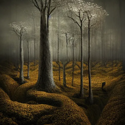 Image similar to heroinchic painting of A Beautiful fine-detailed gold and diamond Forest Illusion by erik johansson micro detailing