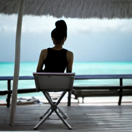 Prompt: asian woman with black ponytail sitting on a beach chair on a a cruise ship overlooking the bahamas, vintage 3 5 mm film photo grainy high detail