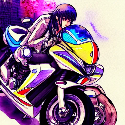 Prompt: a high detail watercolor of anime motorcycle. pixiv fanbox skeb.jp clipstudio medibang ichi-up CGWORLD key visual manga cover