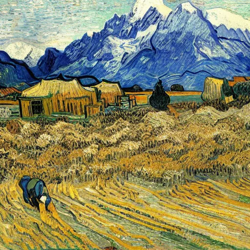 Image similar to peasants working in fields in front of aoraki mt cook, new zealand, painted by vincent van gogh