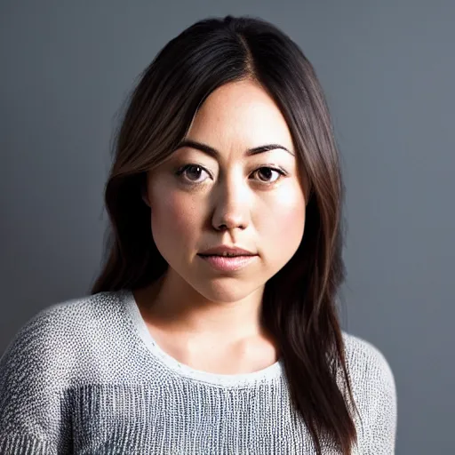 Prompt: portrait karen fukuhara aubrey plaza no hair bald neutral expression face straight on headshot even lighting texture character creator 4