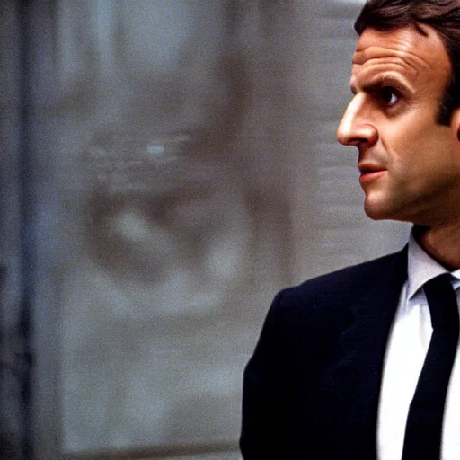 Image similar to extremely detailed face of Emmanuel Macron in American Psycho (1999)