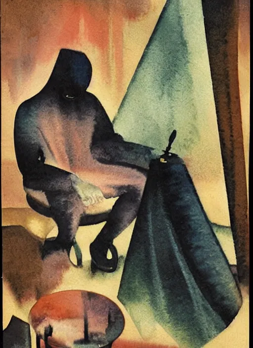 Prompt: 1920s art deco watercolor by Tito Corbella, moody, a lonely figure enshrouded in a surrealist representation of their own bedroom, by Mark Tennant by Igor Scherbakov by Anthony Cudahy, vintage postcard illustration by Mitchell Hooks