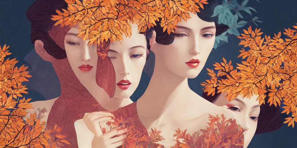 Image similar to breathtaking detailed concept art painting art deco pattern of blonde goddesses faces blend autumn leaves, by hsiao - ron cheng, bizarre compositions, exquisite detail, extremely moody lighting, 8 k