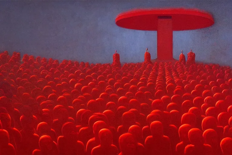 Image similar to only with red, a red great emperor, taormina amphitheatre, expressive crowd hails him, in the style of beksinski, parts by edward hopper, parts by rodcenko, parts by yue minjun, intricate and epic composition, red by caravaggio, insanely quality, highly detailed, masterpiece, red light, artstation, 4 k