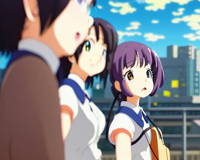 Image similar to anime fine details portrait of joyful school girl talk with robot, city landscape on the background deep bokeh, profile close-up view, anime masterpiece by Studio Ghibli. 8k, sharp high quality anime