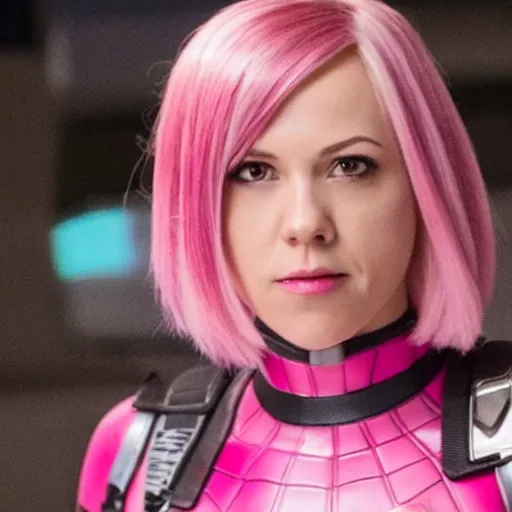 Prompt: A still of Gwenpool in Deadpool 3 (2023), blonde hair with pink highlights, no mask, light-pink costume