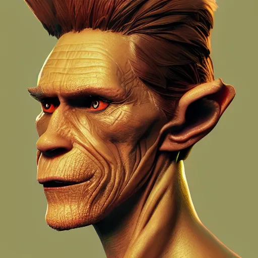 Image similar to portrait of willem dafoe as the goblin king, green skin, long sharp ears and nose, mattepainting concept blizzard pixar maya engine on stylized background splash comics global illumination lighting artstation, sharp focus, lois van baarle, ilya kuvshinov, rossdraws