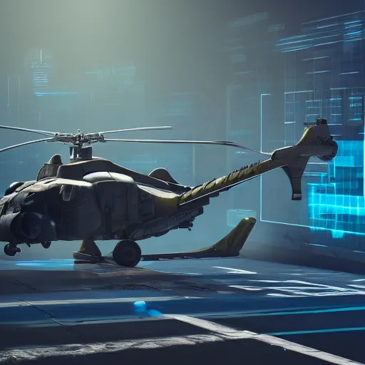 Image similar to cyberpunk concept inspired military helicopter, futuristic look, highly detailed body, very expensive, photorealistic camera shot, bright studio setting, studio lighting, crisp quality and light reflections, unreal engine 5 quality render