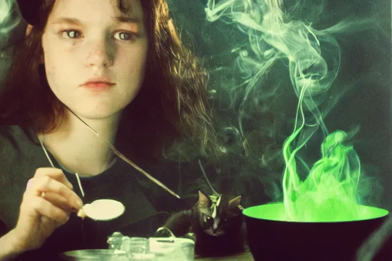 Image similar to polaroid 1 9 8 0's photo, close up portrait, dramatic lighting, concentration, calm confident teen witch and her cat mixing a spell in a cauldron, a little smoke fills the air, a witch hat and cape, a little green smoke is coming out of the cauldron, ingredients on the table, apothecary shelves in the background, still from harry potter