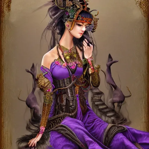 Prompt: photorealistic soft paint of absurdities and curiosities, single very beautiful asian princess full long dress, ultra deep fog, purple black lustrous thin haircut, partial symmetry accurate features, focus, very intricate ultrafine details, award winning masterpiece, steampunk world, rudolf freund