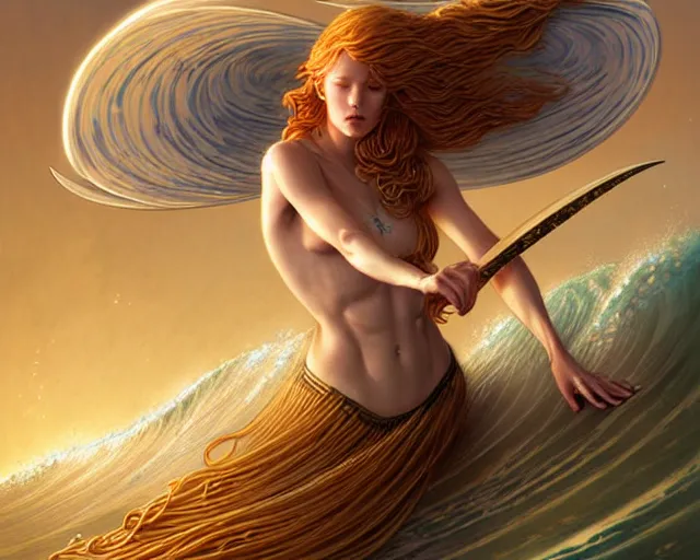 Image similar to beautiful ethereal ginger surfer is surfing a sea of pasta, art nouveau, fantasy, intricate pasta waves, elegant surfboard, highly detailed, sharp focus, action art by artgerm and greg rutkowski and wlop