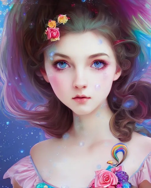 Prompt: portrait of magical lolita girl, dreamy and ethereal, expressive pose, big blue eyes, exciting expression, fantasy, intricate, elegant, many rainbow bubbles, rose tones, highly detailed, digital painting, artstation, concept art, cyberpunk wearing, smooth, sharp focus, illustration, art by artgerm and greg rutkowskiand alphonse mucha