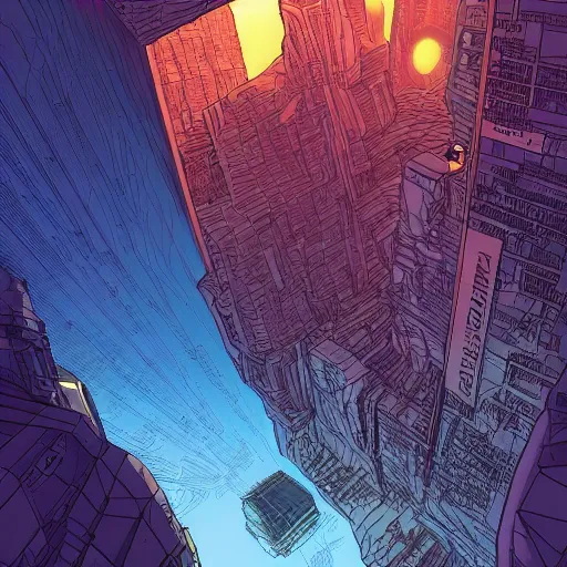 Prompt: cyberpunk explorer looking up at giant triangular monolith, highly detailed, midnight, by josan gonzalez, moebius, laurie greasley