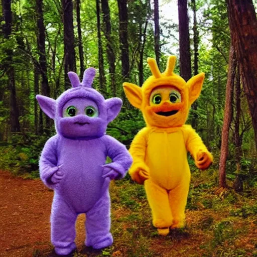 Image similar to photo of feral cryptid sasquatch teletubbies in the woods